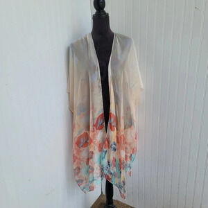 Vintage Lighweight Sheer Kimono Cardigan Poppy Floral Black Small Sheer Peach